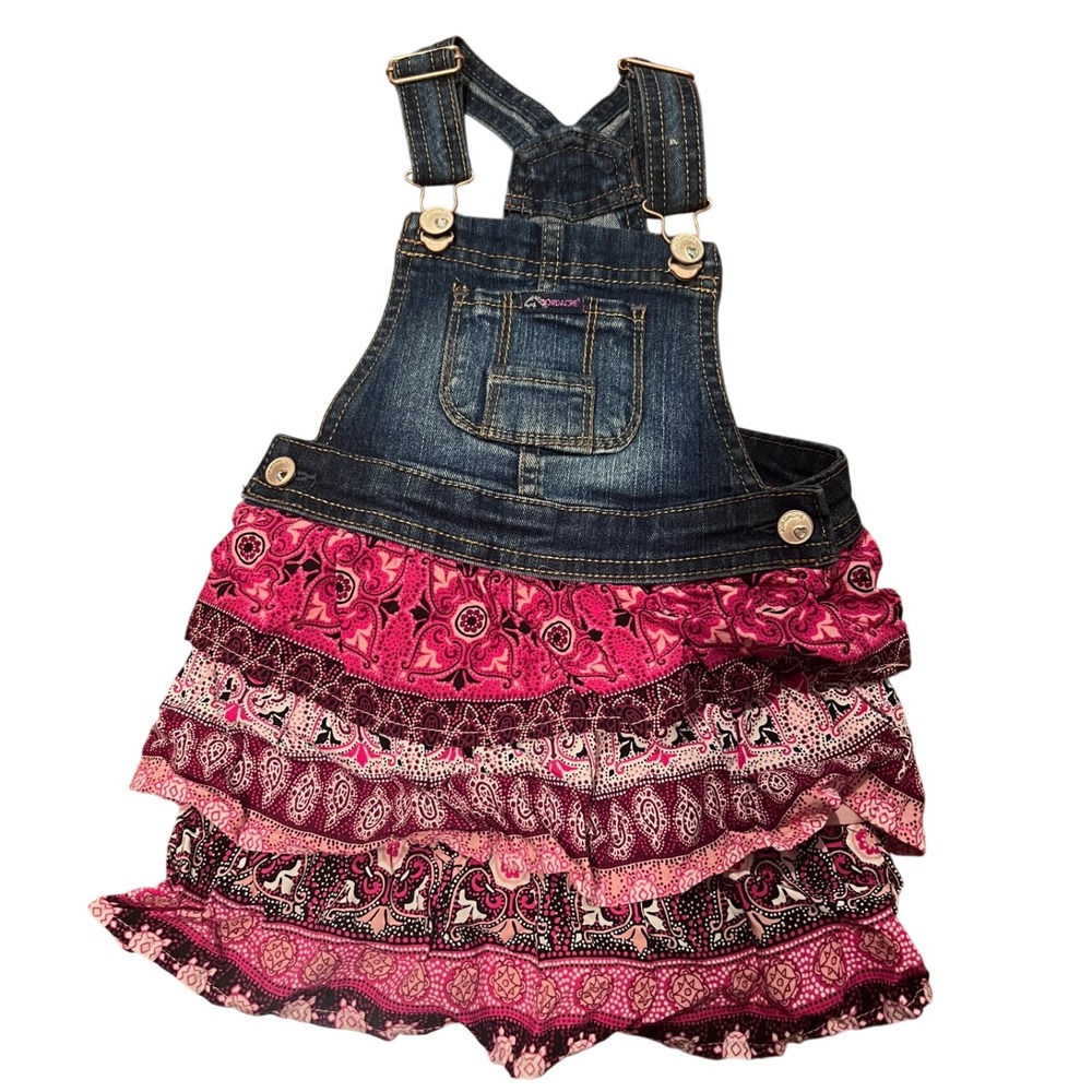 Jordache Toddler Girls Denim Ruffle Jumper Dress Pink Paisley Tiered 2T